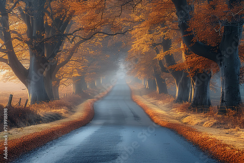 mystical tree alley with beautiful trees in the fog