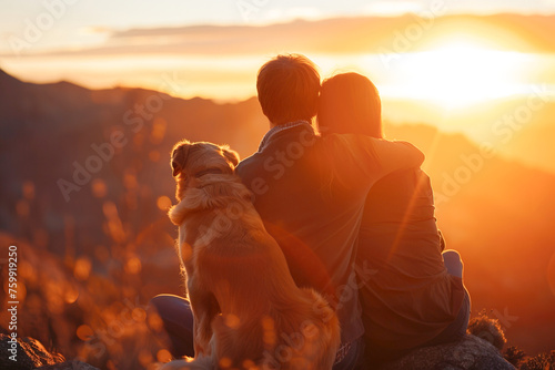 Couple embraces their dog while watching the sunset from a lookout point in mountains © Pajaros Volando