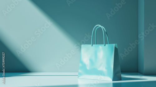 A mint green shopping bag stands upright on a smooth surface with soft light casting gentle shadows around it, illustrating a clean and modern commercial aesthetic.
