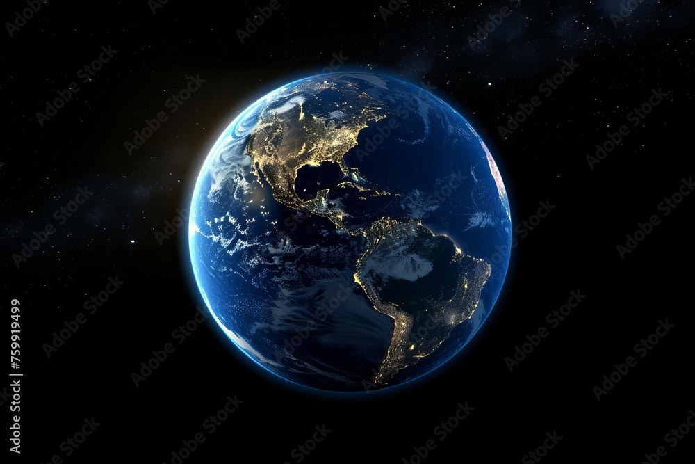Nightly depiction of planet earth from space Highlighting the illuminated continents against the dark cosmos Symbolizing civilization's reach