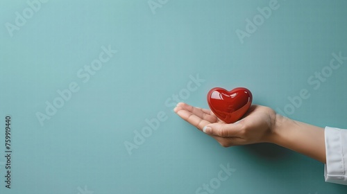 Photo of doctor holding a heart in his hands on light blue background
