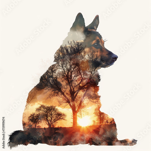 Double Exposure Artwork: Pembroke Welsh Corgi Silhouette and Park Scenery Gen AI photo