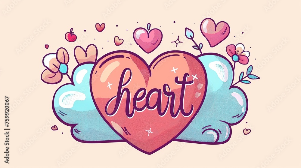 A playful and colorful illustration featuring stylized hearts and decorative elements with a love theme