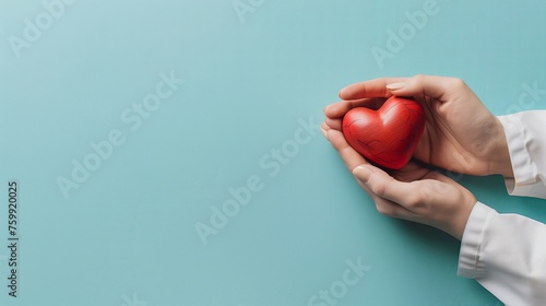 Photo of doctor holding a heart in his hands on light blue background