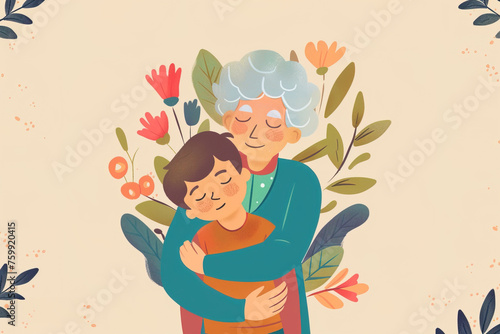 Grandparent's Day flat design illustration poster with grandma embracing her grandchild © Pajaros Volando