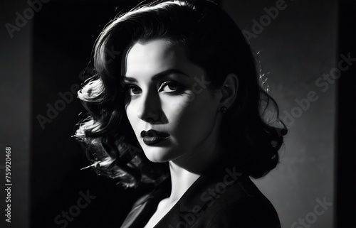 black and white noir beauty portrait  female in dramatic light post-modern woman portrait  high-contrast