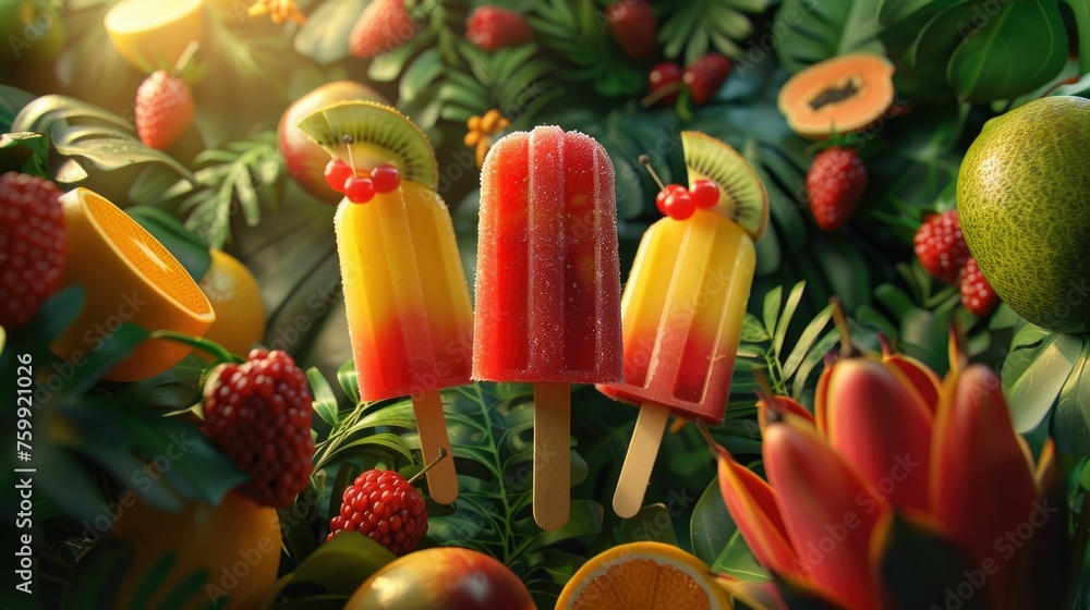 Tropical fruit popsicles in a 3D cartoon jungle, fruits background