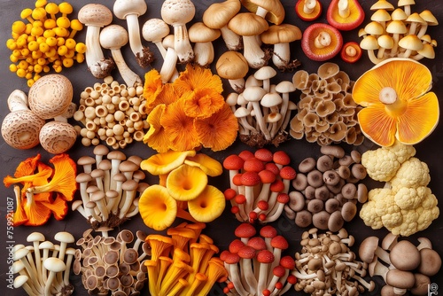 Assorted mushrooms arrayed in a colorful pattern, showcasing the variety of textures and sizes photo