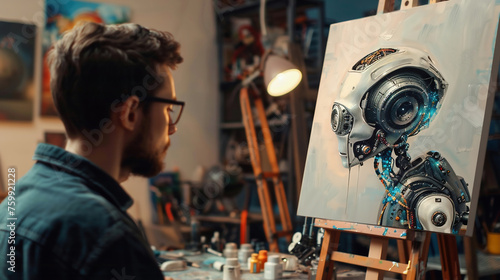 artist paints a portrait of a robot on canvas