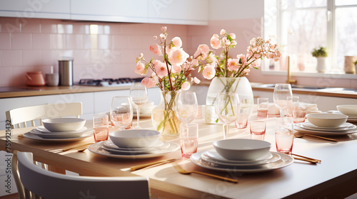 Modern kitchen with set of dishes pastel pink and cherry blossoms. Festive spring table setting in bright cozy kitchen