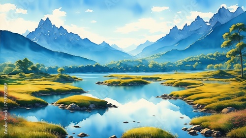 Mountain lakes mirroring rocky peaks and sky domes. An image of calm and beauty in a natural landscape. Watercolor illustration, AI Generated photo