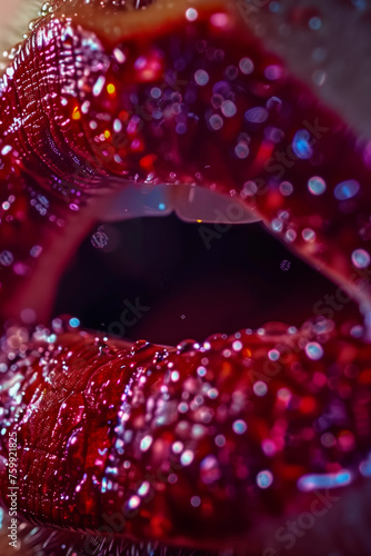 Close-up of vibrant wet red lips exuding a sense of bold, passion, and sensuality.