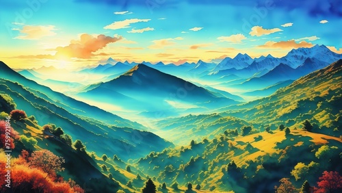 Sky-high mountain peaks  pierced by the first rays of the morning sun. A magical sight and harmony with nature. Watercolor illustration  AI Generated