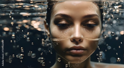 Woman face submerged in water with bubbles or Woman head half submerged under water. Sunset coming through water. Creative underwater shooting perfect for advertisement