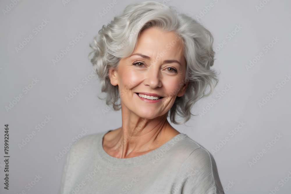 Lebensfrohe Seniorin mit stilvollem grauem Haar und strahlendem Lächeln Lebensfrohe Seniorin mit stilvollem grauem Haar und strahlendem Lächeln