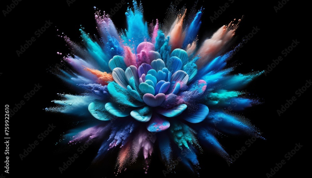 Fototapeta premium Widescreen view of brightly colored powders arranged to mimic the explosive bloom of a flower