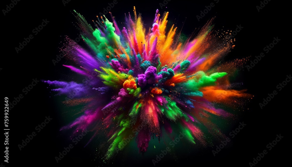 Intense and chaotic burst of brightly colored powder against a deep black background widescreen