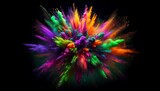 Intense and chaotic burst of brightly colored powder against a deep black background widescreen