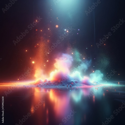 Ethereal scene of fine neon powder softly settling on the glossy floor of a dark studio abstract background photo