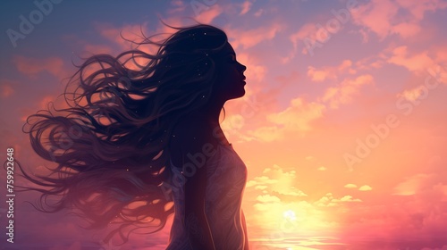 A silhouette of a girl model against a radiant, gradient sky with subtle textured elements, creating a mesmerizing and ethereal scene.
