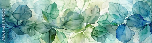 Watercolor alien flora tiles, close-up, gentle shading, serene blues and greenswatercolor