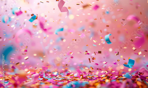 Colorful confetti flying around in the air on the vibrant pastel pink color background. Birthday and party concept banner.  © Denis