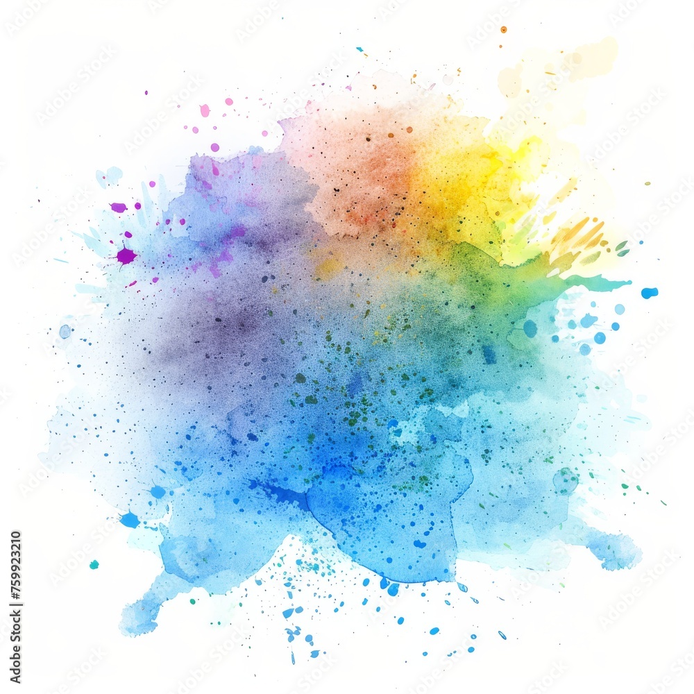 Multicolored watercolor explosion on white, depicting a vibrant blend of colors in a dynamic composition.