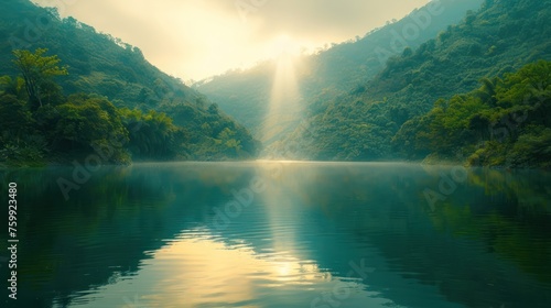 Tranquil scene of a misty lake at sunrise with sunbeams breaking through the lush greenery of a serene valley.