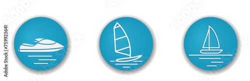 summer water beach sports round icons. windsurfing, sailing yacht and jet ski symbols. tourism and vacation design