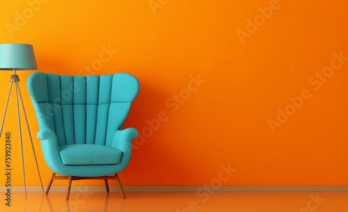 Modern interior design with a turquoise armchair and floor lamp on an orange background, in the retro style
