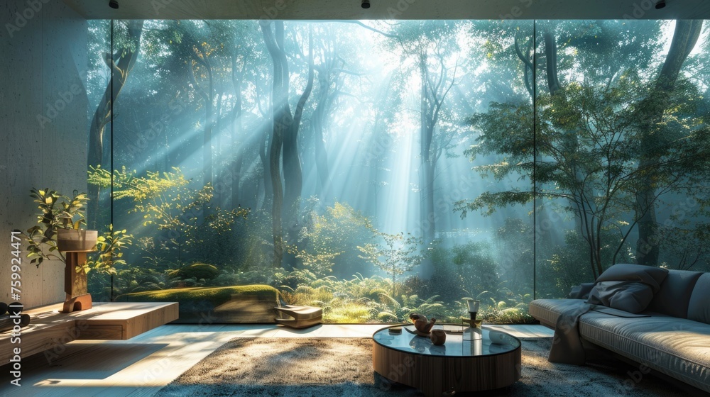 A futuristic device projecting a virtual reality nature escape right on the living room wall, offering an instant mental getaway A futuristic device projecting a virtual reality nature escape right on the living room wall, offering an instant mental getaway