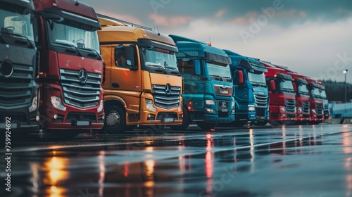Fleet of trucks parked at parking lot yard of delivery company photo