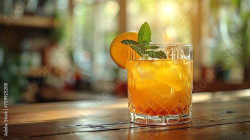 A glass with an orange cocktail and a slice of orange near the decor of a restaurant or bar. Concept: summer vacation, advertising of resorts and spas, restaurant menu of alcohol or drinks.