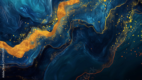 Abstract blue and gold fluid shapes.