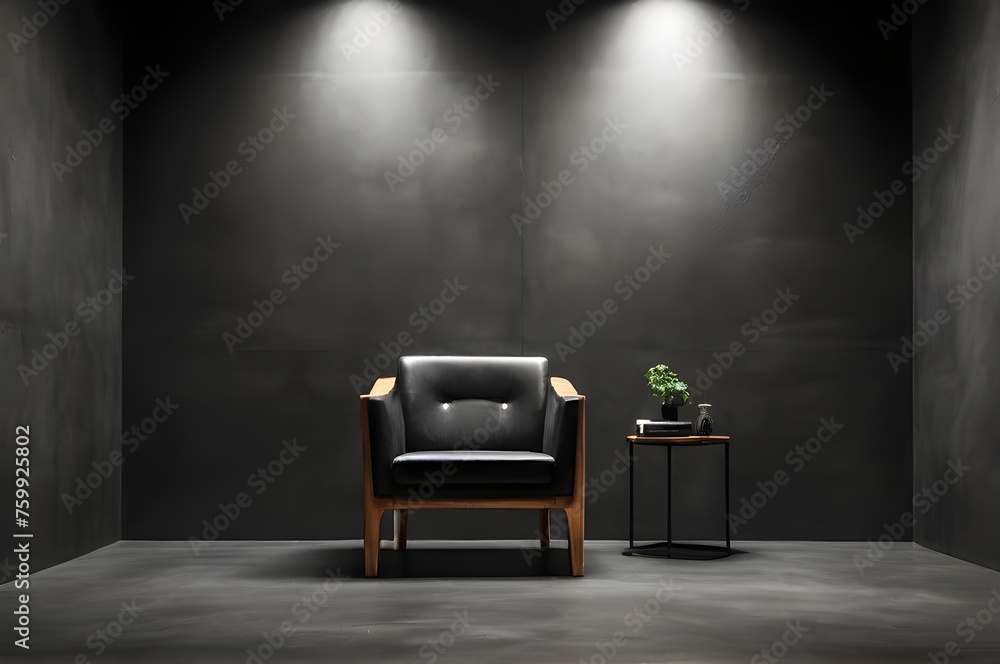 A chair in a beam of studio light in the dark room, a cinematic scene. Interior texture for display product. Darkness concept. Ideal candidate for vacancy concept - obrazy, fototapety, plakaty 