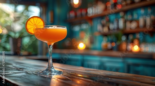 Fototapeta Naklejka Na Ścianę i Meble -  A glass with an orange cocktail and a slice of orange near the decor of a restaurant or bar.
Concept: summer vacation, advertising of resorts and spas, restaurant menu of alcohol or drinks.