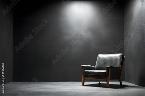 A chair in a beam of studio light in the dark room, a cinematic scene. Interior texture for display product. Darkness concept. Ideal candidate for vacancy concept