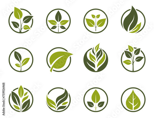 organic icon set. green plant in a circle. eco friendly conceptual illustrations. isolated vector illustrations