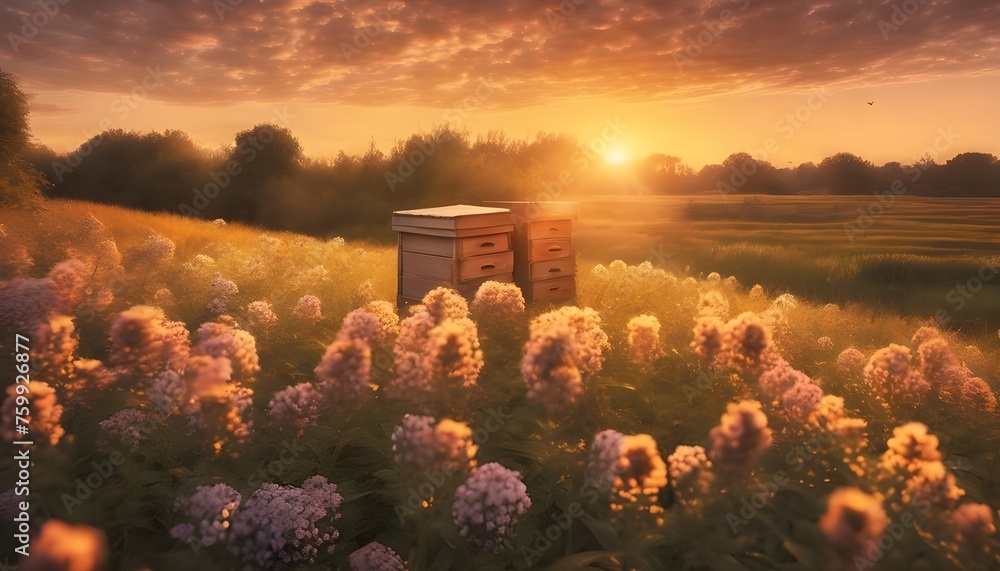Rustic Honey: Bees Creating Honey in the Soft Morning Light - obrazy, fototapety, plakaty 