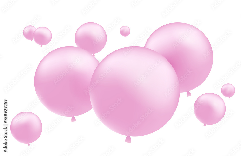 Pink pastel balloons float in the air on transparent background