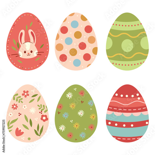 Set of cute colorful Easter eggs, Easter symbol, isolated on white background. Set of Paschal symbols covered with various ornaments . Flat vector illustration for religious holiday celebration.