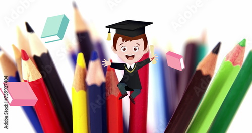 Image of excited schoolboy and schoolbooks moving over coloured pencils