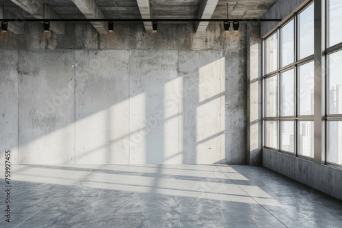 An empty room with expansive windows and solid concrete walls.