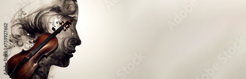 Portrait of a woman in the form of violin and sheet music, banner with copy space