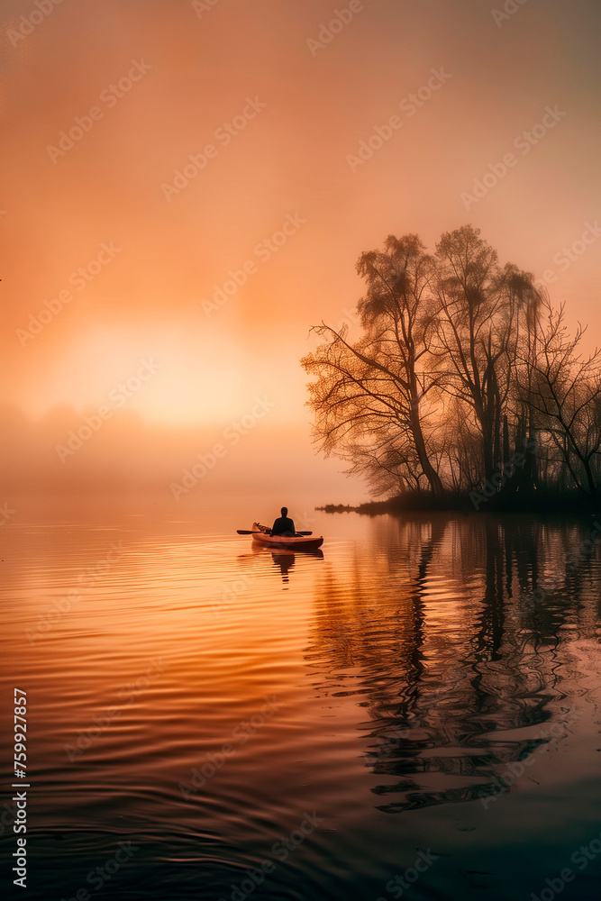 Embracing stillness on the water, a solitary figure kayaks through a serene lake, bathed in the gentle light of dawn, embodying mindfulness and the art of presence