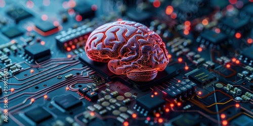 Signifying the growth of AI, a human brain model is juxtaposed with a high-performance computer processor