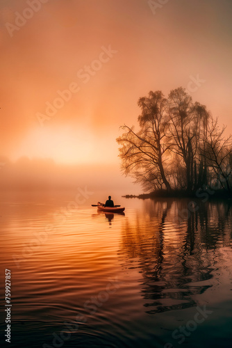 Embracing stillness on the water, a solitary figure kayaks through a serene lake, bathed in the gentle light of dawn, embodying mindfulness and the art of presence © The Blue Wave