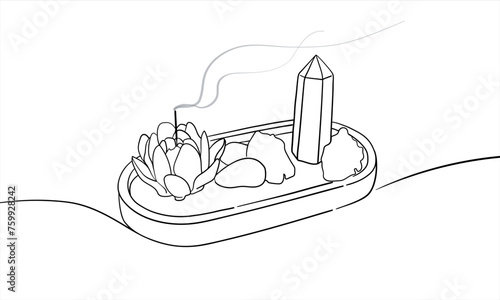 Cristal collection line art drawing on white background. Oriental incense on a stand. Witch elements. Vector illustration