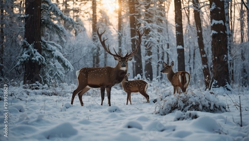 Noble deer family in winter snow forest Artistic winte. © Malik