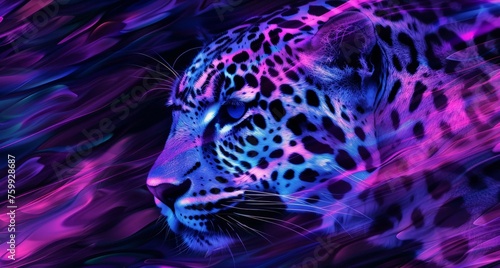 A leopard with purple and blue fur and black spots is standing alert in its habitat.